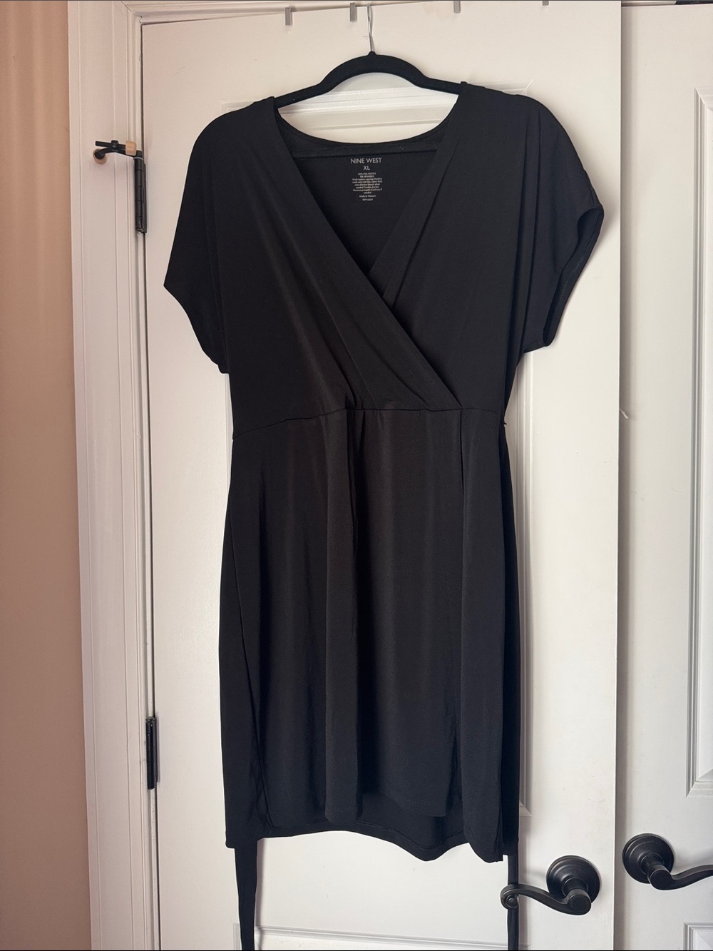 Nine West Black Faux-Wrap Short Sleeve Dress